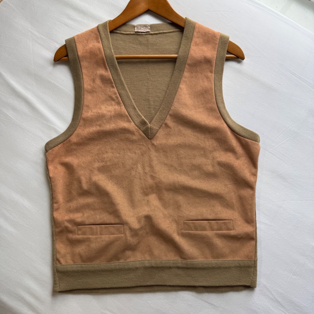 Vintage Faux Suede Front Ribbed Knit Back V-Neck Sweater Vest Tan Camel